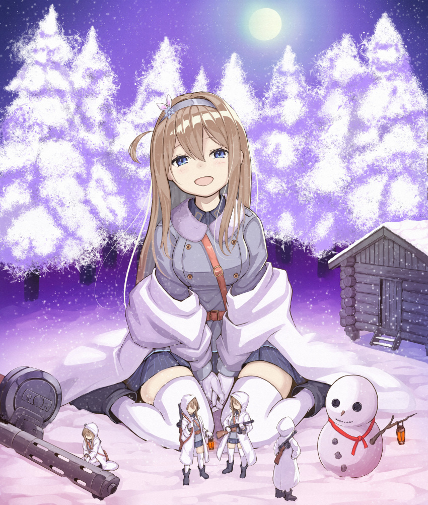 1girl absurdres blonde_hair blue_eyes blue_jacket commission drum_magazine giant giantess girls'_frontline gloves gun hair_between_eyes hairband highres holding holding_gun holding_weapon jacket long_hair long_sleeves looking_at_viewer magazine_(weapon) numazume open_mouth second-party_source sitting skirt smile snowing snowman submachine_gun suomi_(girls'_frontline) suomi_kp/-31 thighhighs wariza weapon white_gloves white_thighhighs