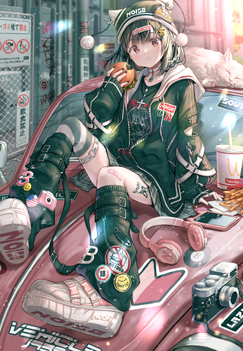 1girl animal black_hair black_headwear black_jacket black_shirt black_socks brown_eyes burger cat closed_mouth commentary drinking_straw eating food french_fries hat highres hirokazu_(analysis-depth) holding holding_food jacket loose_socks mcdonald's open_clothes open_jacket original shirt shoes short_hair socks solo symbol-only_commentary white_footwear