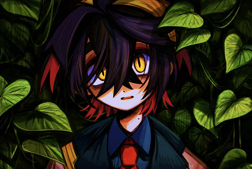 1boy black_hair blue_shirt collared_shirt commentary_request hair_between_eyes hairband highres kieran_(pokemon) leaf looking_at_viewer male_focus mole mole_on_neck necktie pokemon pokemon_sv red_necktie shirt short_hair solo strap tisanntisyou yellow_eyes yellow_hairband