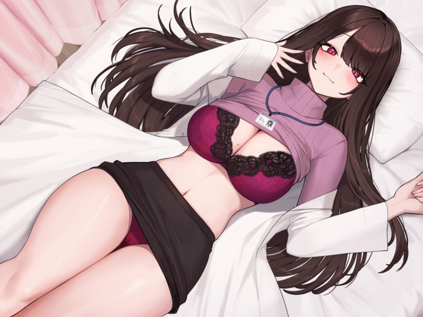 1girl black_hair blush bra breasts closed_mouth clothes_lift commentary_request from_above hayabusa id_card indoors labcoat lace-trimmed_bra lace_trim lanyard large_breasts long_hair long_sleeves looking_at_viewer lying mole mole_on_breast navel on_back on_bed original panties purple_bra purple_panties purple_shirt shirt shirt_lift skirt skirt_lift slit_pupils smile solo swept_bangs thighs turtleneck underwear