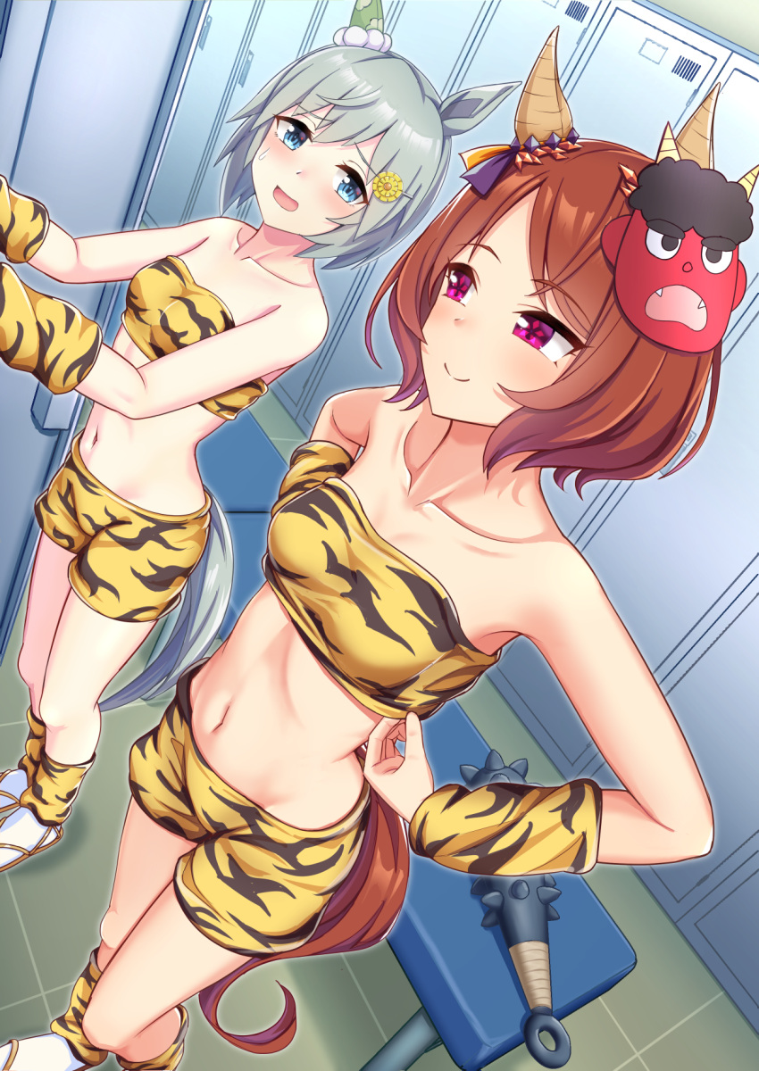 2girls animal_ears animal_print blue_eyes brown_hair changing_room club_(weapon) collarbone dutch_angle flower_in_eye highres horse_ears horse_girl horse_tail indoors looking_at_another mask midriff multiple_girls official_alternate_costume oni_mask pleated_skirt purple_eyes sailor_collar sakura_laurel_(umamusume) seiun_sky_(umamusume) short_hair skirt smile spiked_club symbol_in_eye tail tiger_print umamusume weapon zenrakishi