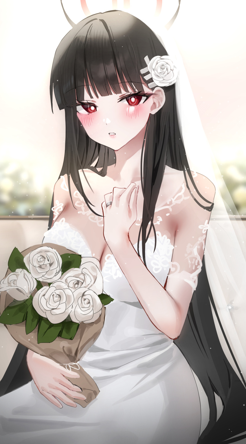 1girl :o absurdres alternate_costume black_hair blue_archive blurry blurry_background blush bouquet braid breasts bridal_veil bright_pupils cleavage dress educk flower hair_flower hair_ornament halo highres holding holding_bouquet large_breasts long_hair looking_at_viewer red_eyes rio_(blue_archive) solo veil very_long_hair wedding_dress white_dress