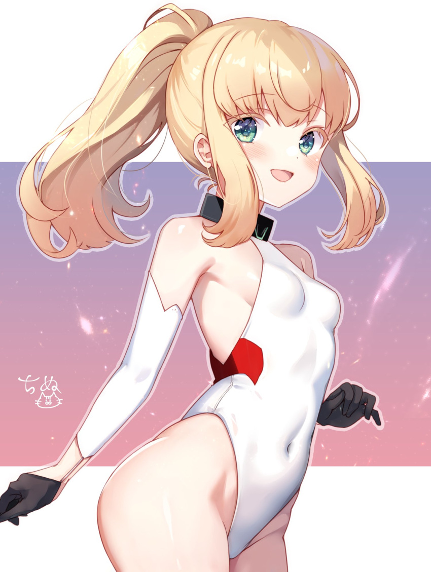 1girl alice_gear_aegis black_gloves blonde_hair blue_eyes commentary_request covered_navel detached_sleeves gloves highleg highleg_leotard highres kakerayuri leotard long_hair noelle_francesca ponytail sidelocks solo white_leotard