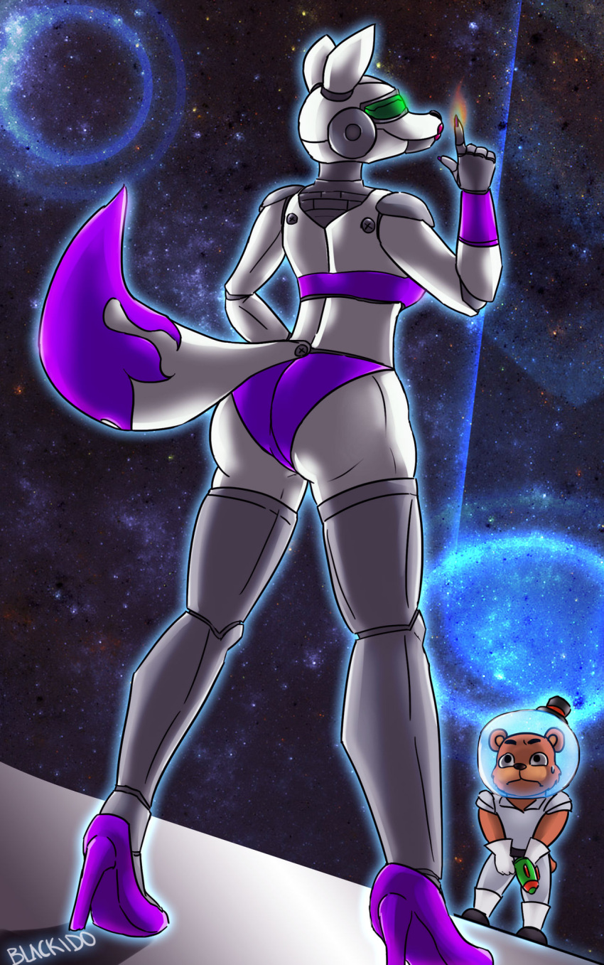 2019 android anthro armband armor armwear background_character bear big_butt big_tail bodily_fluids bodysuit bottomwear bra breasts butt canid canine clothed clothing cybernetics cyborg detailed_background digital_drawing_(artwork) digital_media_(artwork) duo exposed_endoskeleton female fire five_nights_at_freddy's footwear fox foxbot_(fnaf) freddy_(fnaf) freddy_in_space_2 fur gloves grey_hands gun hair handwear headgear helmet hi_res high_heels imoliveruke leggings legwear lipstick machine makeup male mammal markings mostly_nude mouth_closed multicolored_body multicolored_fur multicolored_hair panties partially_clothed pauldron pose presenting presenting_hindquarters purple_armband purple_armwear purple_bottomwear purple_clothing purple_hair purple_high_heels purple_topwear ranged_weapon robot robotic_hand robotic_limb scottgames shadow signature skinsuit sky space space_helmet spacesuit star starry_sky sweat sweatdrop tail thick_thighs tight_clothing topwear underwear visor weapon white_body white_clothing white_gloves white_handwear