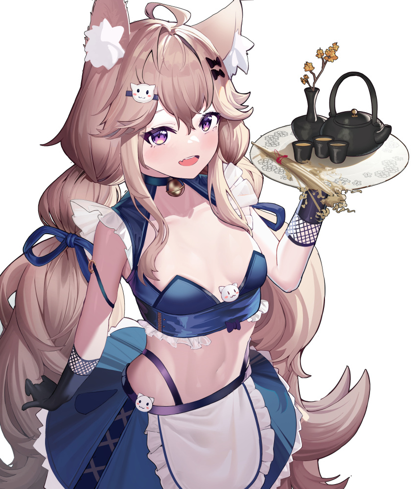 1girl :d absurdres ahoge animal_ear_fluff animal_ears apron arm_at_side arm_ribbon bell black_gloves blue_bow blue_ribbon blue_shirt blue_skirt bow breasts cat_hair_ornament cowboy_shot crop_top curly_hair eyelashes fang fishnets frills gloves hair_bow hair_ornament hand_up highres holding holding_tray jingle_bell light_blush light_brown_hair long_hair looking_at_viewer low_twintails maid midriff navel neck_bell open_mouth original purple_eyes qiuyueruona ribbon shirt simple_background skin_fang skirt sleeveless sleeveless_shirt small_breasts smile solo teapot tray twintails very_long_hair waist_apron white_background