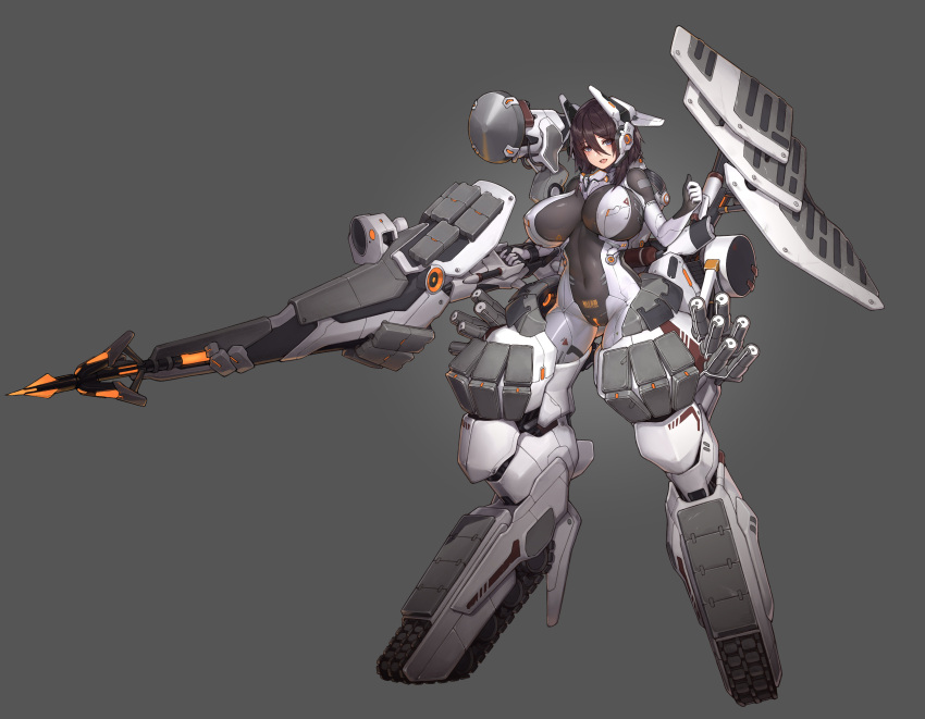 1girl absurdres barcode blue_eyes bodysuit breasts brown_hair caterpillar_tracks commentary_request covered_navel covered_nipples digitigrade full_body grey_background haze/reverb headgear highres holding holding_polearm holding_weapon huge_breasts impossible_bodysuit impossible_clothes lance looking_at_viewer mecha_musume medium_hair polearm radar_dish smoke_grenade_launcher solo standing stmast weapon