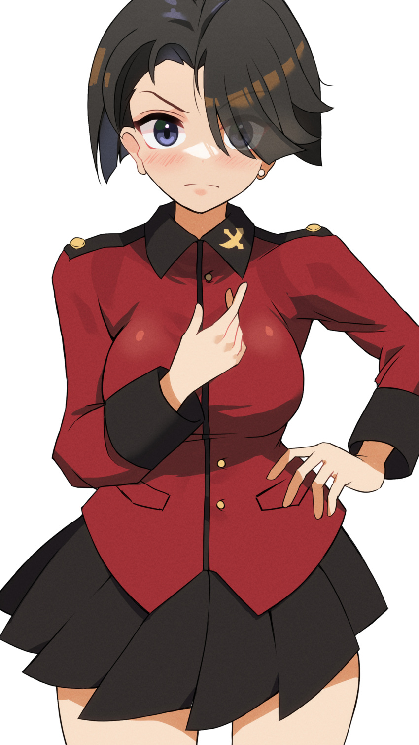 1girl black_hair black_skirt blaze_(blazeillust) blue_eyes closed_mouth commentary cowboy_shot earrings frown girls_und_panzer hair_over_one_eye hand_on_own_hip highres jacket jewelry long_sleeves looking_at_viewer military_uniform miniskirt pleated_skirt red_jacket short_hair simple_background skirt solo st._gloriana's_military_uniform standing uniform vanilla_(girls_und_panzer) white_background
