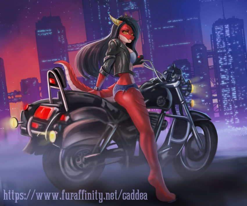 2022 adena_(ewgengster) anthro biped black_hair building caddea clothing digital_media_(artwork) dragon female hair horn jacket leather leather_clothing leather_jacket leather_topwear long_hair looking_at_viewer motorcycle red_body red_scales scales scalie skyscraper solo tan_horn text topwear url vehicle western_dragon wingless_dragon yellow_sclera