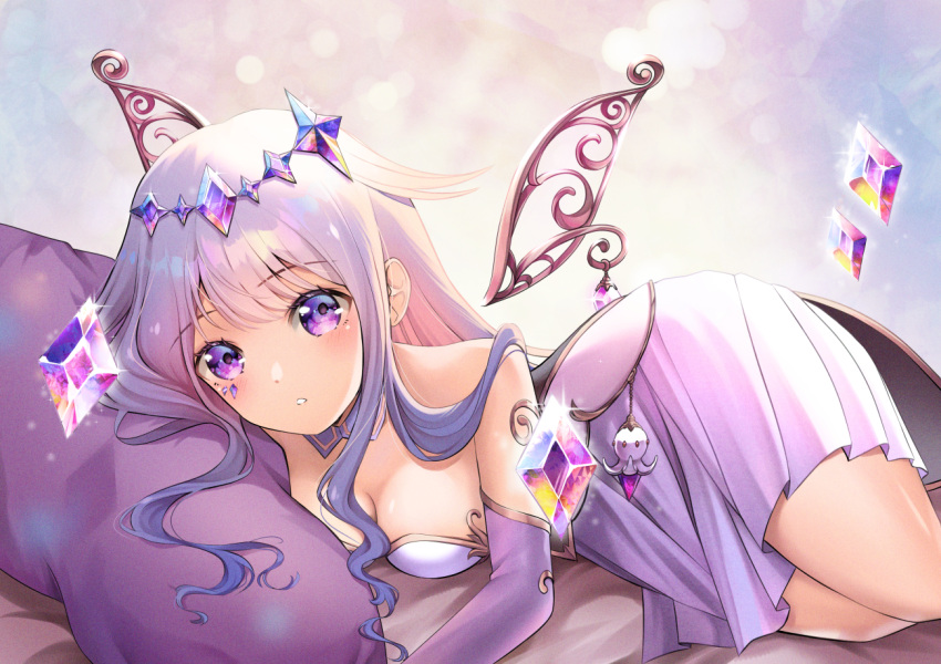 1girl black_corset blush breasts bridal_gauntlets cleavage colored_inner_hair corset crystal_wings dress fake_wings grey_hair hololive hololive_english koseki_bijou looking_at_viewer mia_mikhail multicolored_hair pink_hair purple_eyes single_bridal_gauntlet small_breasts solo virtual_youtuber white_bridal_gauntlets white_dress wings