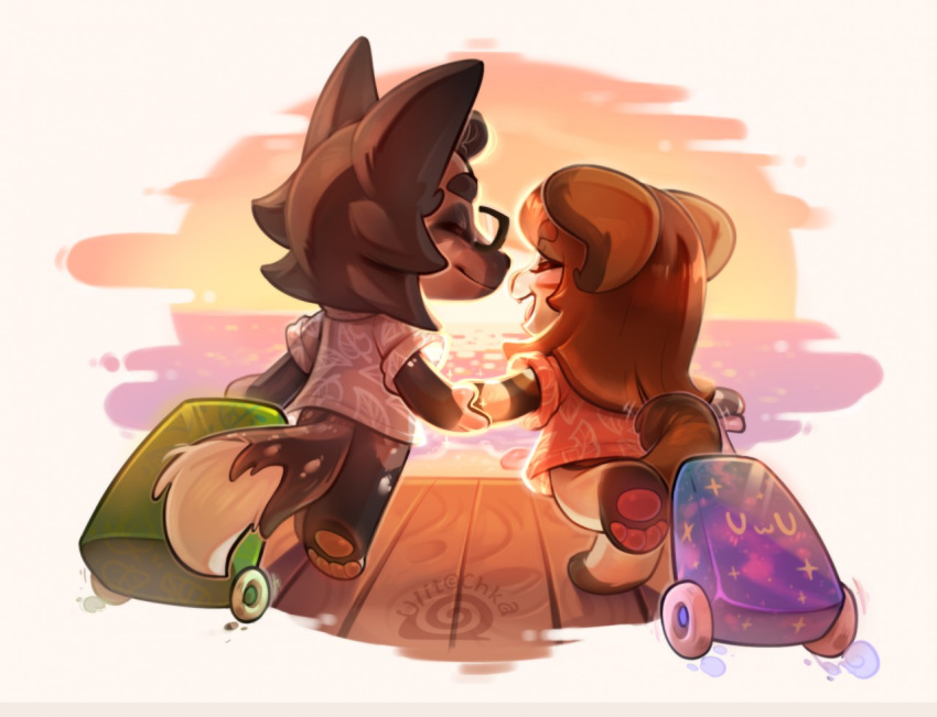 2019 ailurid animal_crossing anthro beach brown_body brown_fur canid canine clothing duo eyebrows eyes_closed eyewear fur glasses hair hand_holding long_hair mammal nintendo open_mouth pawpads paws prick_ears rear_view red_panda sea seaside shirt simple_background sky smile snout star suitcase sun sunset tail topwear ulitochka uwu walking water wheel wheels white_background wood wood_floor