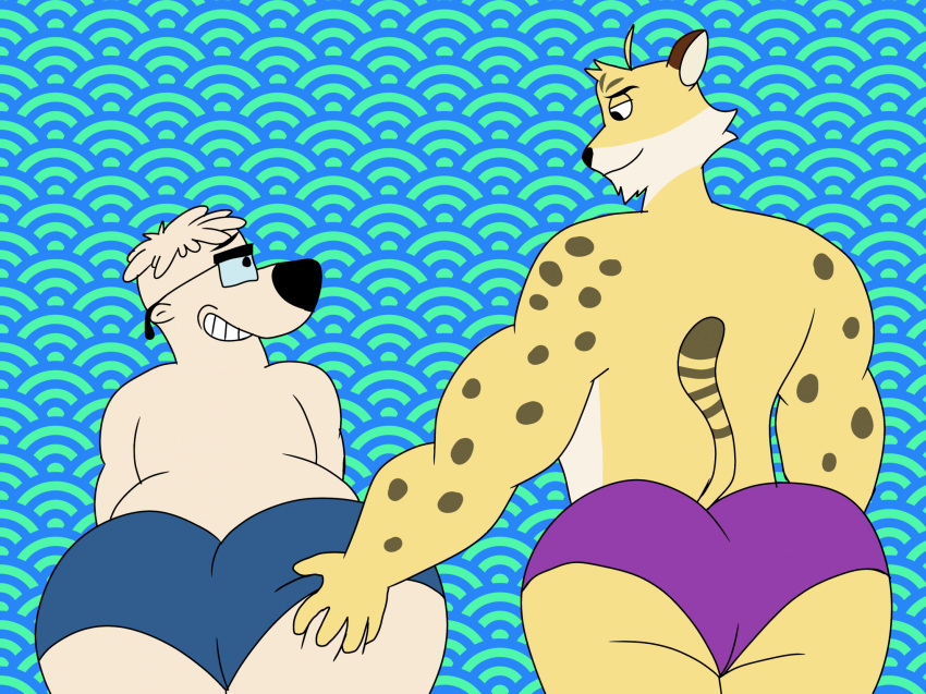 anthro big_butt black_nose blue_clothing blue_speedo blue_swimwear butt butt_grab cheetah clothing duo eyewear felid feline glasses hand_on_butt hi_res hunter_(spyro) male male/male mammal nickelodeon professor_keswick purple_clothing purple_speedo purple_swimwear speedo spots swimwear t.u.f.f._puppy wolfox90210