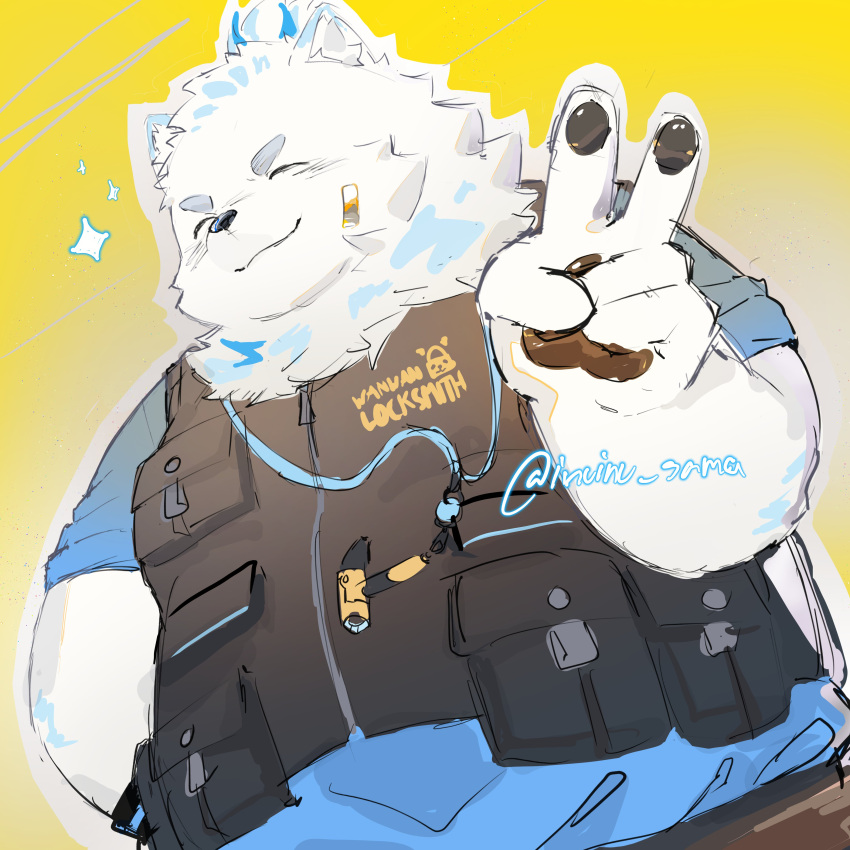 :3 absurd_res anthro bandage canid canine canis clothing domestic_dog eyes_closed fur gesture hi_res inuinu_sama lifewonders live_a_hero locksmith male mammal overweight pawpads simple_background smile solo topwear v_sign vest white_body white_fur yellow_background yohack