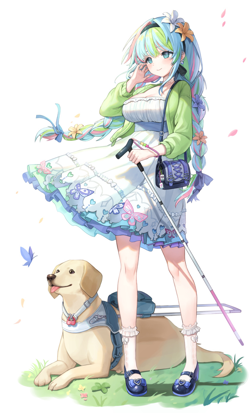 1girl absurdres bag black_footwear black_hairband blue_hair blue_ribbon blush braid breasts bug butterfly cane closed_mouth commentary dog dress earrings faux_figurine flower frilled_socks frills full_body grass green_eyes green_hair green_jacket guide_dog hair_flower hair_ornament hair_ribbon hairband hand_up highres holding jacket jewelry large_breasts lerome long_hair long_sleeves looking_afar mary_janes multicolored_hair official_art open_clothes open_jacket petals pink_hair purple_flower purple_ribbon red_flower ribbon riichi_city ring saotome_yurika_(riichi_city) shoes shoulder_bag simple_background single_sidelock smile socks solo standing twin_braids white_background white_cane white_dress white_flower white_socks yellow_flower