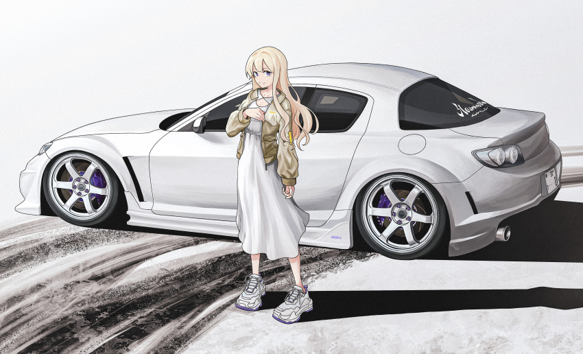 1girl absurdres blonde_hair bokuya car closed_mouth dress full_body highres jacket long_hair looking_at_viewer mazda_rx-8 motor_vehicle original purple_eyes shadow shoes skid_mark sneakers solo standing white_car white_dress white_footwear yellow_jacket