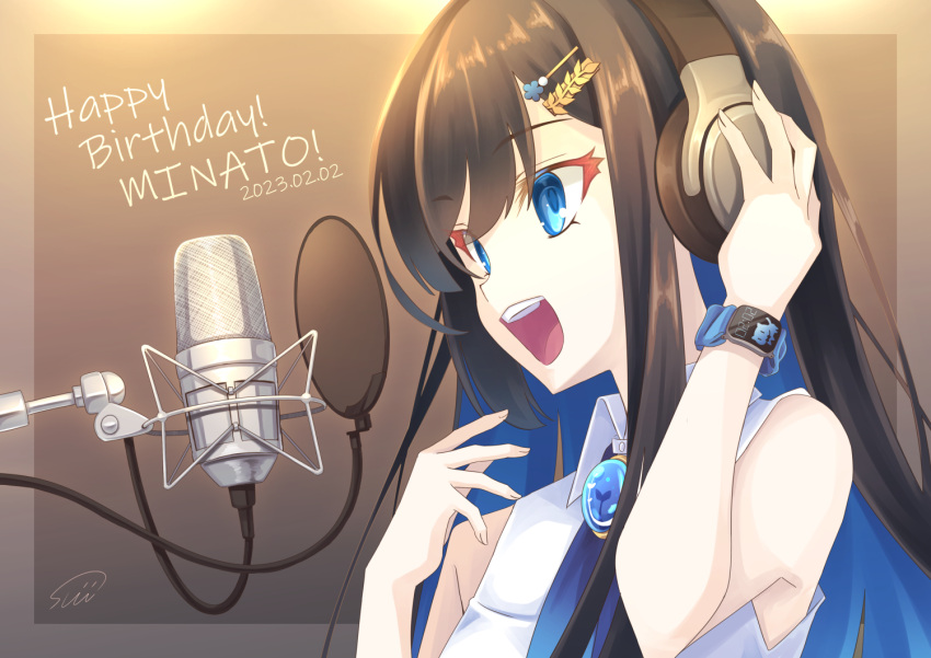 1girl bangs black_hair blue_eyes blue_hair blue_ribbon border brooch brown_background brown_border cevio character_name colored_inner_hair dated dress english_text from_side futaba_minato hair_ornament hairclip hand_on_headphones hands_up happy_birthday headphones jewelry looking_ahead microphone multicolored_hair music neck_ribbon open_mouth outside_border ribbon signature singing sleeveless sleeveless_dress smartwatch smile solo studio_microphone sumikaze swept_bangs upper_body watch white_dress wristwatch