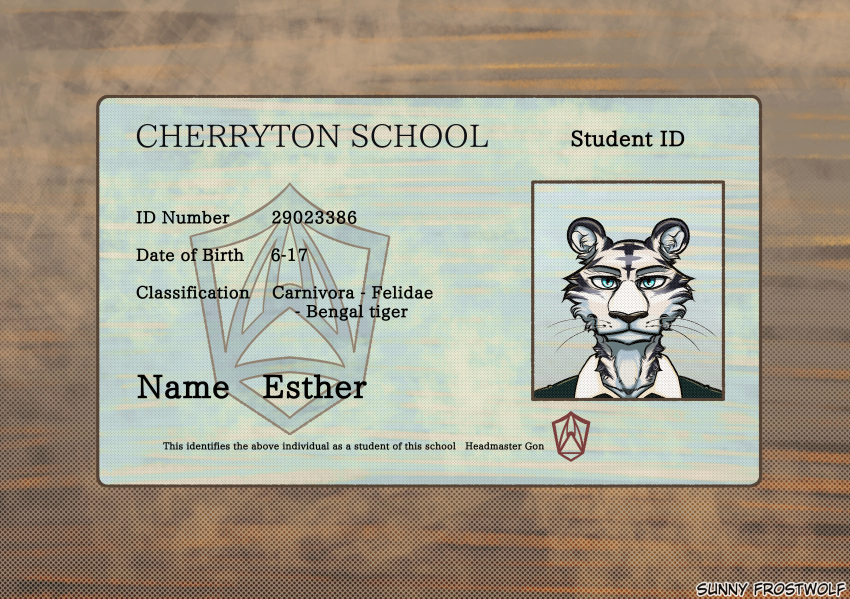 absurd_res anthro beastars bengal_tiger blue_eyes bust_portrait clothing colored english_text esther_(greatlizardwizard) fan_character felid female fur hi_res id_card id_number identification insignia mammal multicolored_body multicolored_fur number pantherine portrait school_uniform solo stripes student sunny_frostwolf text tiger tomboy uniform white_body white_fur