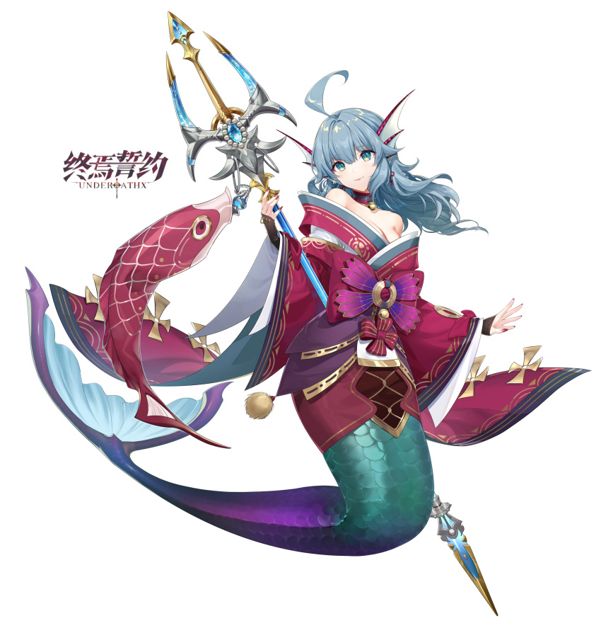1girl ahoge bell blue_gemstone blue_hair breasts cleavage closed_mouth copyright_name fingernails fins full_body gem gold_trim green_eyes hand_up head_fins highres holding holding_staff japanese_clothes jingle_bell kimono long_hair long_sleeves looking_at_viewer medium_breasts mermaid monster_girl nail_polish neck_bell official_art red_kimono red_nails scales simple_background smile solo spinel_(9057) staff tassel vow_of_heroes white_background wide_sleeves