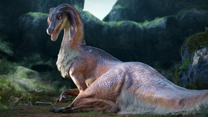 16:9 3d_(artwork) 4k absurd_res bird_wyvern capcom cave chest_tuft claws cliff detailed_background digital_media_(artwork) dinosaur female feral floppy_ears frill_(anatomy) fur grass hair hair_tuff half-closed_eyes hi_res ivorylagiacrus jaggi long_snout looking_at_viewer looking_back looking_back_at_viewer lying membrane_(anatomy) membranous_frill monster_hunter mountain multicolored_body multicolored_scales narrowed_eyes on_ground open_mouth orange_body orange_scales outside plant pupils purple_body purple_scales raised_arm red_eyes reptile rock scales scalie sharp_claws sharp_teeth sitting sitting_on_ground slit_pupils snout solo tail tail_tuft teeth theropod tongue tuft white_body white_fur white_scales widescreen