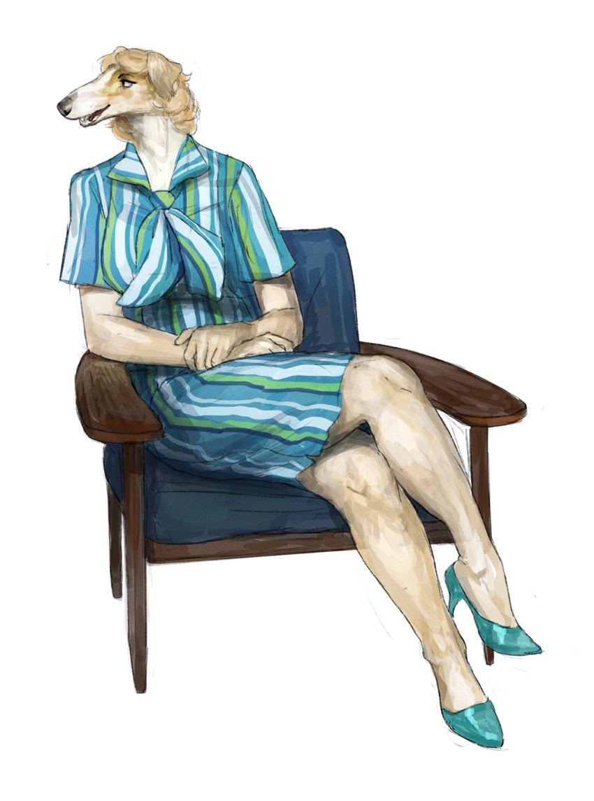 1920s 2022 anthro blonde_hair borzoi canid canine canis cettus chair clothing crossed_legs domestic_dog dress female footwear fur furniture hair hands_in_lap hi_res high_heels hunting_dog mammal on_chair pattern_clothing sighthound simple_background sitting sitting_on_chair solo sonya_stirling-morozova striped_clothing stripes white_background white_body white_fur yellow_body yellow_fur