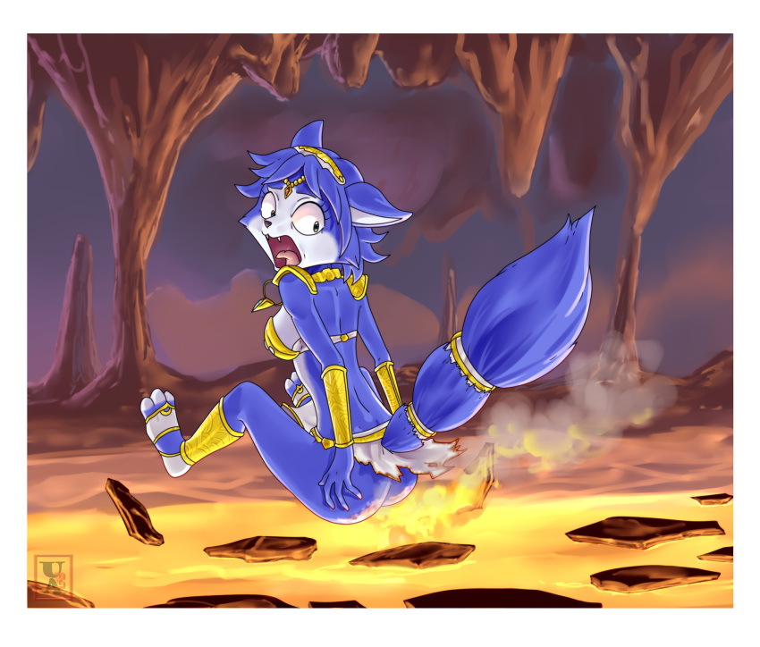 anthro blue_body blue_fur blue_hair burning burnt_clothing butt butt_on_fire canid canine cave circlet digital_media_(artwork) female fire fluffy fluffy_tail fox fur hair hand_on_butt hi_res holding_butt krystal looking_back mammal nintendo open_mouth pain pequedark-velvet raised_tail screaming solo star_fox tail tongue white_body white_fur wide_eyed