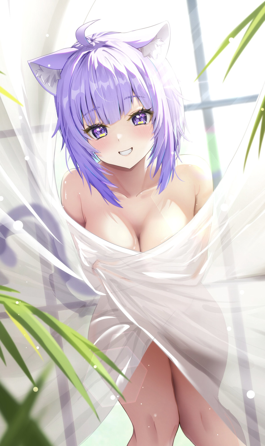 1girl absurdres animal_ears bare_shoulders blush breasts cat_ears cat_girl cat_tail cleavage commentary_request covering_breasts covering_privates curtains dutch_angle feet_out_of_frame grin highres hololive large_breasts leaning_forward looking_at_viewer medium_hair nekomata_okayu no_bra nude purple_eyes purple_hair see-through_silhouette sidelocks smile solo tail torakichi_888 window