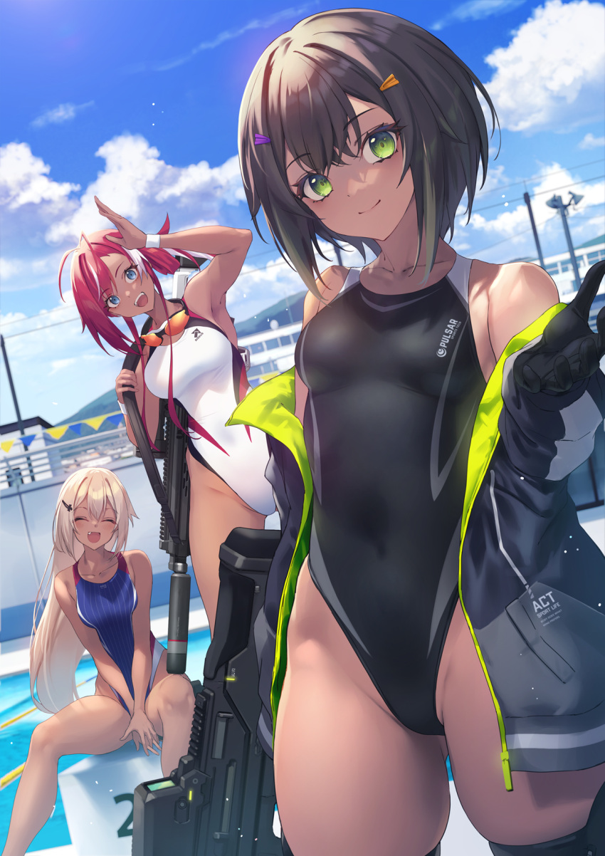 3girls arms_note black_gloves black_hair black_one-piece_swimsuit blonde_hair blue_one-piece_swimsuit blue_sky breasts closed_eyes cloud covered_navel day fukai_ryosuke gloves goggles goggles_around_neck green_eyes gun hair_ornament hairclip highleg highleg_swimsuit highres large_breasts multicolored_clothes multicolored_swimsuit multiple_girls one-piece_swimsuit outdoors poolside red_hair short_hair sitting sky small_breasts swimming_club_anego-chan_(fukai_ryosuke) swimming_club_kouhai_(fukai_ryousuke) swimming_club_president_(fukai_ryousuke) swimsuit tan two-tone_swimsuit weapon weapon_request white_one-piece_swimsuit