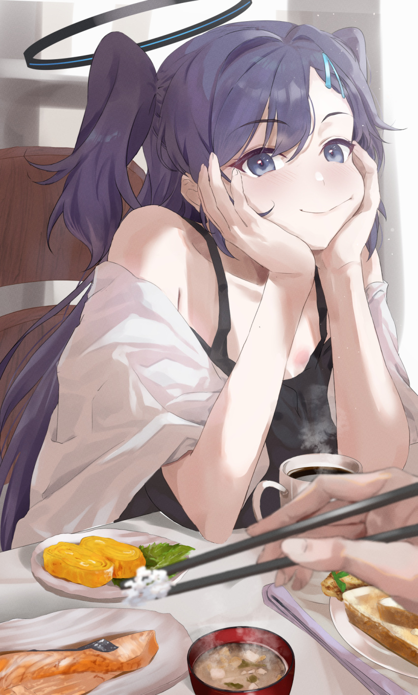1boy 1girl black_camisole blue_archive breasts camisole coffee food halo hands_on_own_cheeks hands_on_own_face highres indoors kuu_(user_gngs5284) large_breasts long_hair looking_at_viewer miso_soup omelet pov pov_hands purple_eyes purple_hair salmon sitting steam tamagoyaki two_side_up very_long_hair yuuka_(blue_archive)