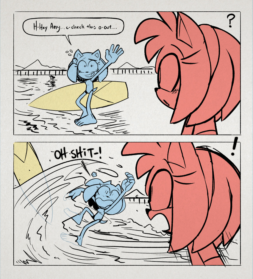 absurd_res amy_rose anthro beach duo english_text eulipotyphlan exclamation_point fan_character feet female hedgehog hi_res honeydew_(lettuce) humanoid_feet lettuce_(artist) mammal nervous plantigrade profanity question_mark seaside sega slipping sonic_the_hedgehog_(series) surfboard text two_panel_image wave