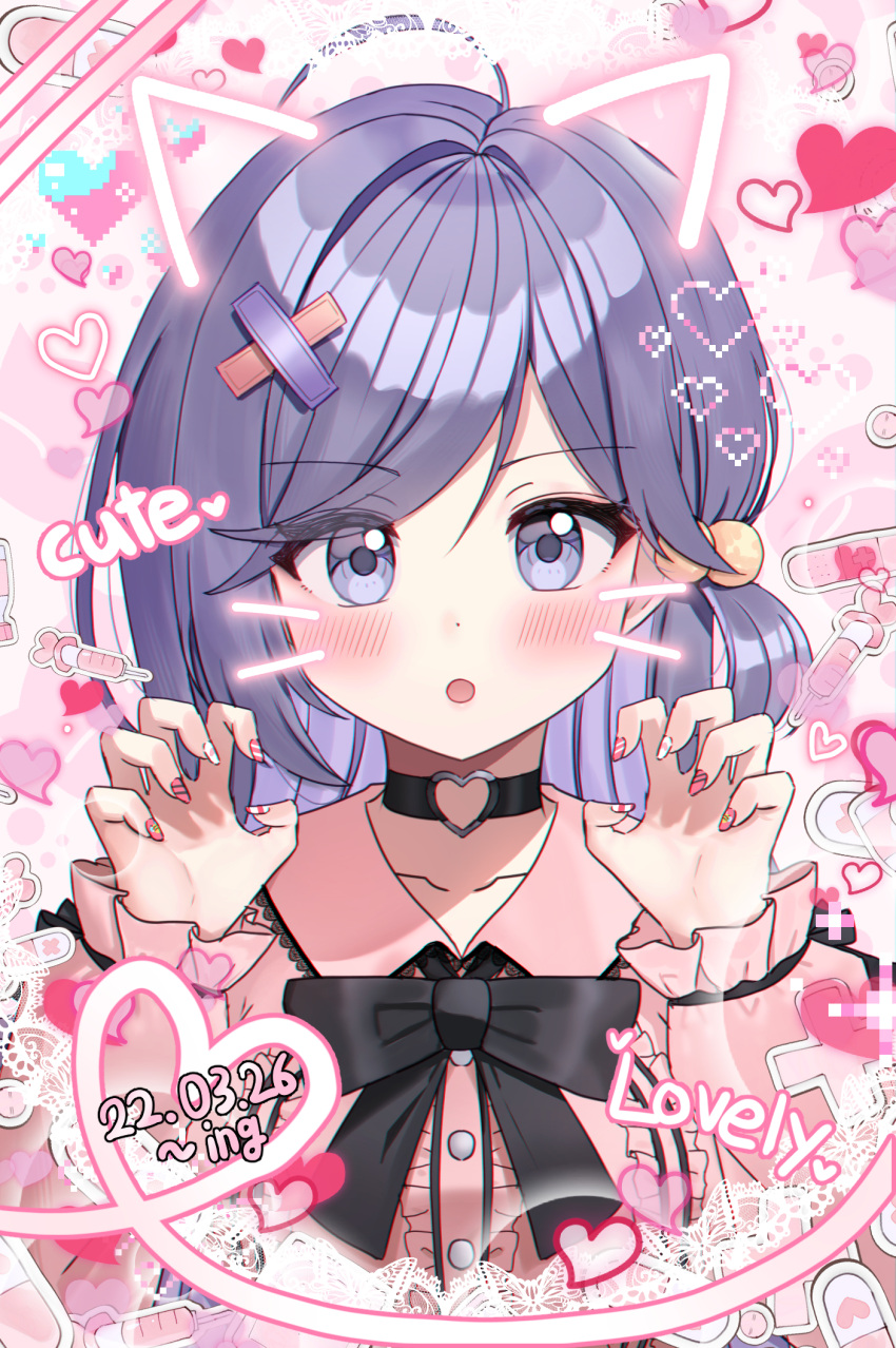 1girl :o black_bow blush bow center_frills claw_pose collared_shirt commentary_request commission dated drawn_ears drawn_whiskers face_filter frills grey_eyes grey_hair hands_up heart highres kubong long_hair long_sleeves looking_at_viewer nail_art nail_polish original parted_lips pink_background pink_shirt pixelated puffy_long_sleeves puffy_sleeves shirt upper_body