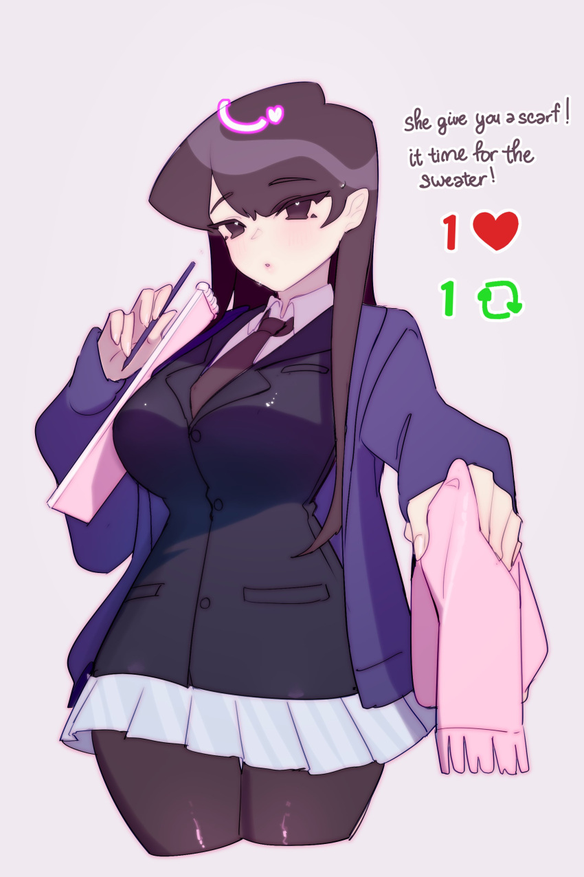 1girl absurdres black_eyes black_hair black_jacket black_necktie black_pantyhose blazer blue_jacket blue_skirt blush breasts collared_shirt english_commentary english_text grey_background hair_behind_ear highres holding holding_pen jacket komi-san_wa_komyushou_desu komi_shouko like_and_retweet long_hair looking_at_viewer mae_algae medium_breasts meme miniskirt necktie notebook pantyhose parted_lips pen pleated_skirt school_uniform shirt simple_background skirt solo twitter_strip_game_(meme) white_shirt