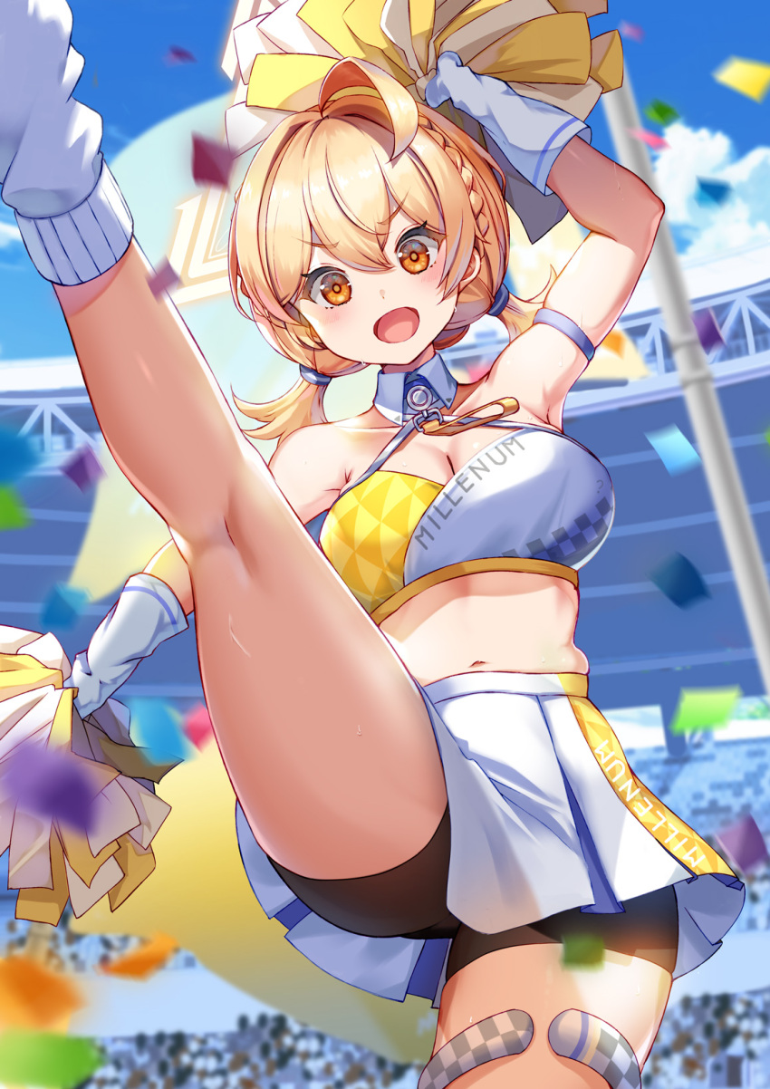 1girl ahoge arm_up armpits bare_shoulders bike_shorts black_shorts blonde_hair blue_archive blurry braid breasts cheerleader cleavage cowboy_shot crop_top depth_of_field halterneck highres holding holding_pom_poms kotori_(blue_archive) kotori_(cheer_squad)_(blue_archive) large_breasts leg_up legs long_hair looking_at_viewer midriff millennium_cheerleader_outfit_(blue_archive) miniskirt navel official_alternate_costume open_mouth orange_eyes pleated_skirt pom_pom_(cheerleading) shirt short_twintails shorts shorts_under_skirt skindentation skirt sleeveless sleeveless_shirt smile socks solo spaghetti_strap standing standing_on_one_leg stomach thighs twintails two-tone_shirt v-shaped_eyebrows white_shirt white_skirt white_socks wing_collar yu_ni_t