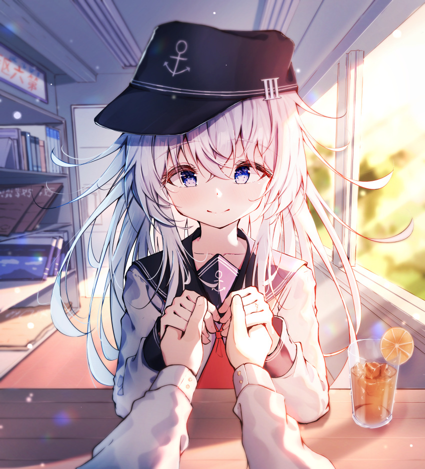 1girl 1other absurdres anchor_symbol black_headwear black_sailor_collar blue_eyes blush closed_mouth collarbone cup dfd drink drinking_glass flat_cap food fruit grey_hair hair_between_eyes hat hibiki_(kancolle) highres ice indoors kantai_collection long_hair long_sleeves neckerchief orange_(fruit) orange_slice red_neckerchief sailor_collar school_uniform serafuku smile window