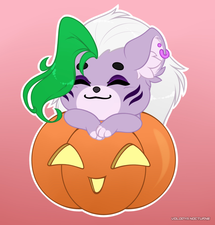 anthro big_ears canid canine canis chibi embarrassed eyes_closed female five_nights_at_freddy's five_nights_at_freddy's:_security_breach food fruit green_hair hair hi_res jack-o'-lantern long_hair magic mammal piercing plant pumpkin roxanne_wolf_(fnaf) scottgames smile solo steel_wool_studios volodyanocturne white_hair wolf