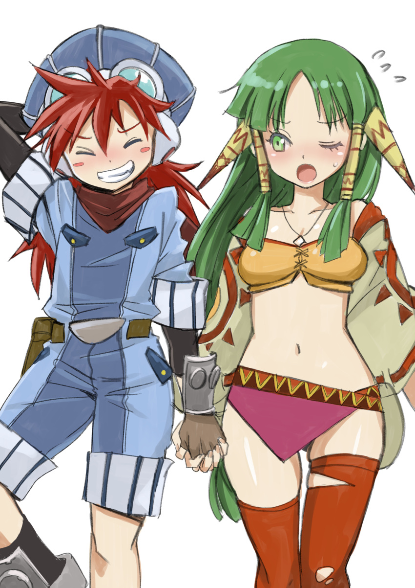 1boy 1girl ;o absurdres arm_behind_back arm_up asymmetrical_legwear bandana bandeau blue_headwear blue_jumpsuit blush_stickers breasts cleavage collarbone eyelashes feena_(grandia) fingerless_gloves flying_sweatdrops gloves goggles goggles_on_headwear grandia grandia_i green_eyes green_hair grin hair_between_eyes hair_tubes hat highres holding_hands interlocked_fingers jewelry jumpsuit justin_(grandia) long_hair looking_at_another looking_to_the_side medium_breasts miniskirt muramasa_mikado navel necklace one_eye_closed open_mouth parted_bangs pink_skirt red_bandana red_hair red_thighhighs simple_background skindentation skirt smile thighhighs torn_clothes torn_thighhighs uneven_legwear very_long_hair white_background yellow_bandeau