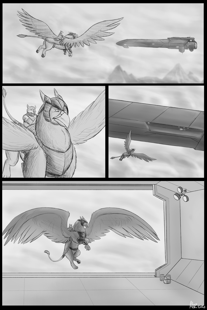 aircraft anthro armor avian breastplate canid canine canis comic duo feral flying greyscale gryphon headgear helmet hi_res jagg_(thatgryphonguy) male mammal monochrome mythological_avian mythology ramz_(thatgryphonguy) riding_on_back sky thatgryphonguy wolf