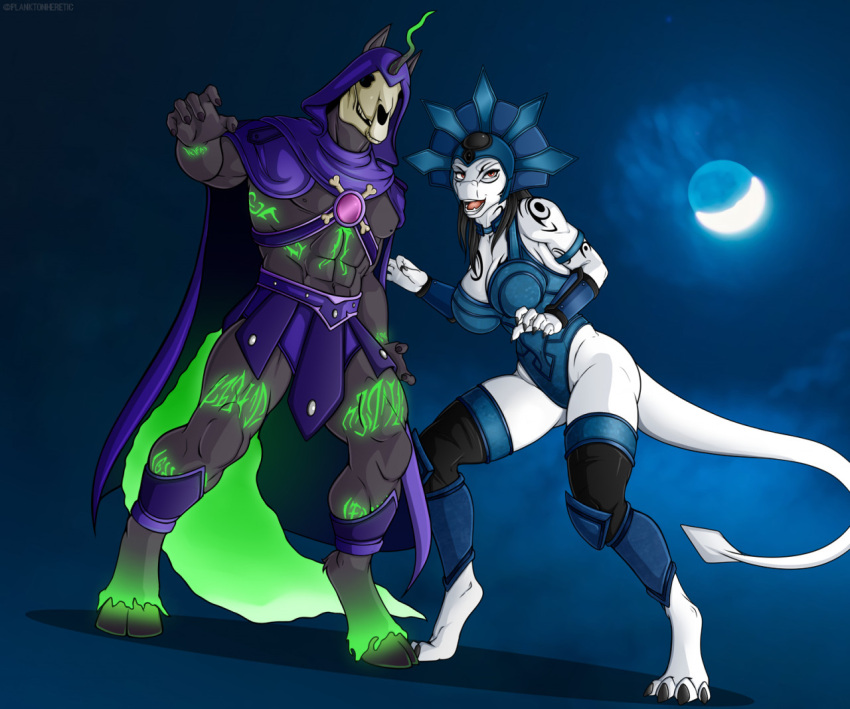 abs anthro armor big_breasts bone breasts clothing crossgender dragon duo equid equine female glowing glowing_markings hood hooves horn kelshin leotard male mammal markings muscular muscular_male planktonheretic scalie skull supervillain tail unconvincing_armor unicorn