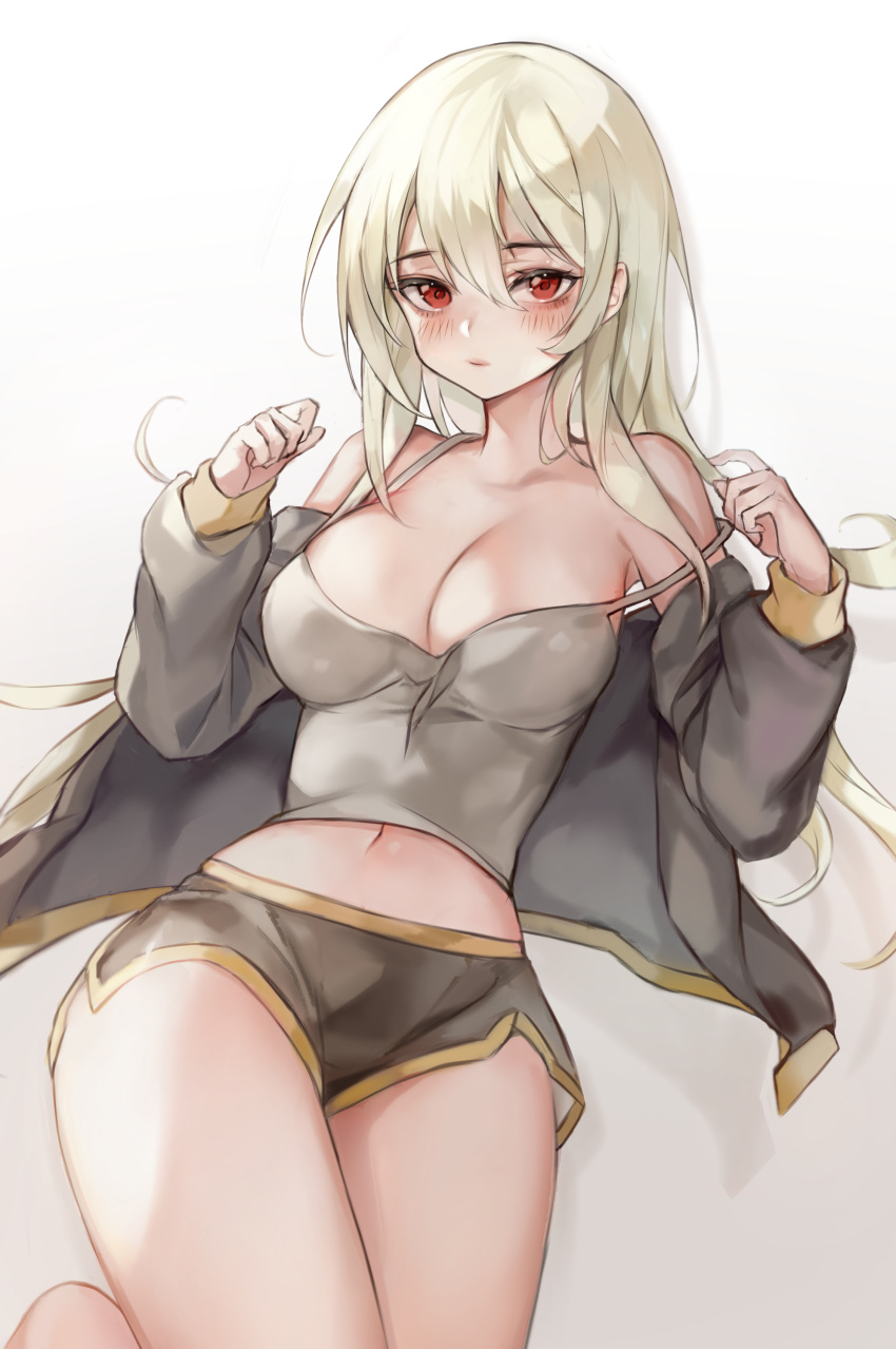 1girl absurdres bare_shoulders black_jacket black_shorts blush breasts cleavage closed_mouth commission expressionless highres jacket large_breasts long_hair looking_at_viewer midriff navel off_shoulder open_clothes open_jacket original red_eyes rurufix short_shorts shorts simple_background solo stomach strap_slip tank_top white_background white_hair yellow_trim