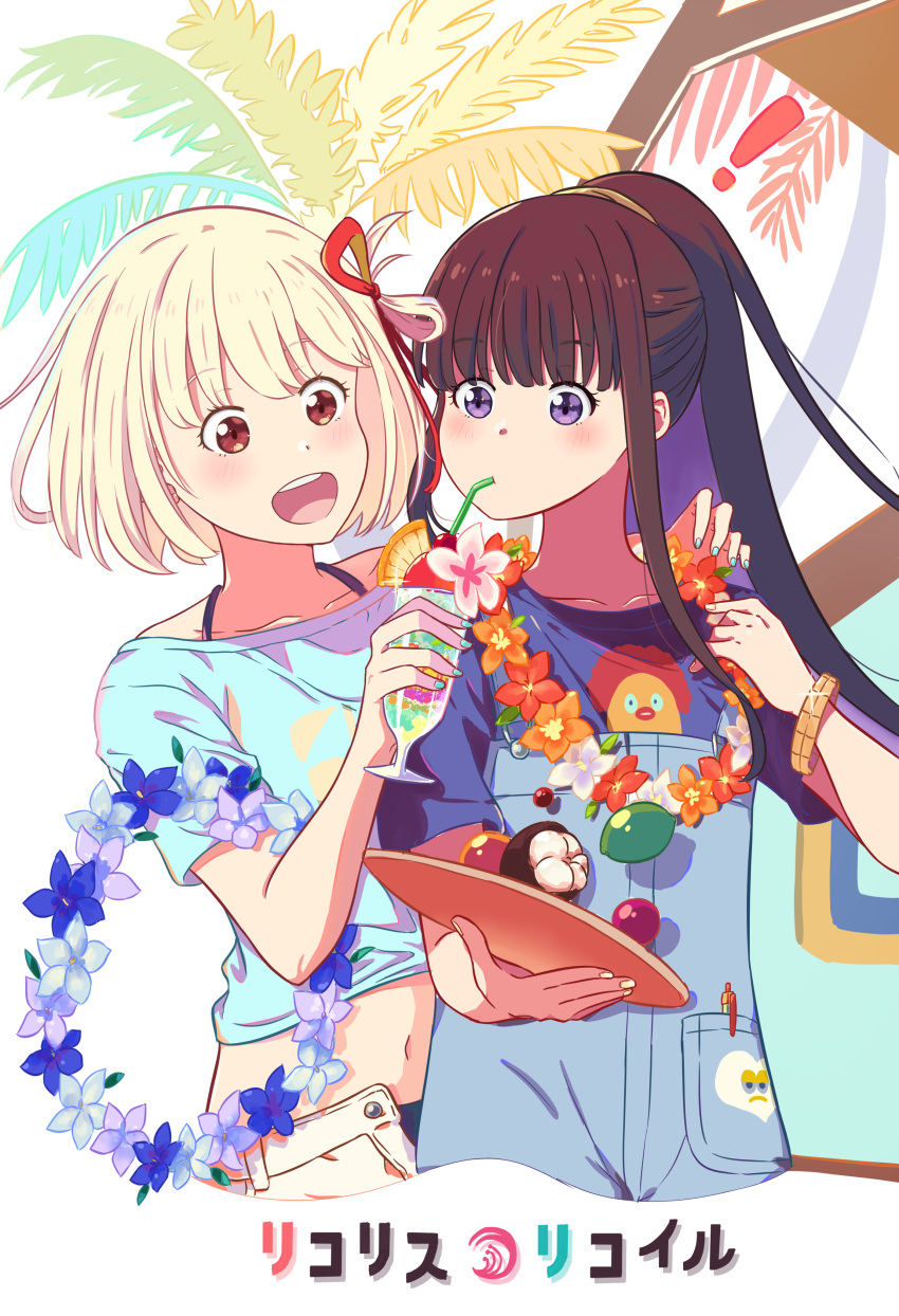 ! 2girls absurdres bikini bikini_under_clothes black_hair blonde_hair blue_nails blue_shirt blush bracelet bush chai_haru collarbone commentary_request copyright_name cropped_legs cropped_shirt cup drinking drinking_straw drinking_straw_in_mouth flower hair_ribbon hand_up highres holding holding_cup inoue_takina jewelry lycoris_recoil midriff multiple_girls nail_polish navel nishikigi_chisato official_alternate_costume official_alternate_hairstyle one_side_up open_clothes open_mouth open_shorts overalls ponytail purple_eyes red_eyes red_ribbon ribbon shirt short_hair short_sleeves shorts sidelocks simple_background smile spoken_exclamation_mark swimsuit teeth tray upper_teeth_only white_background