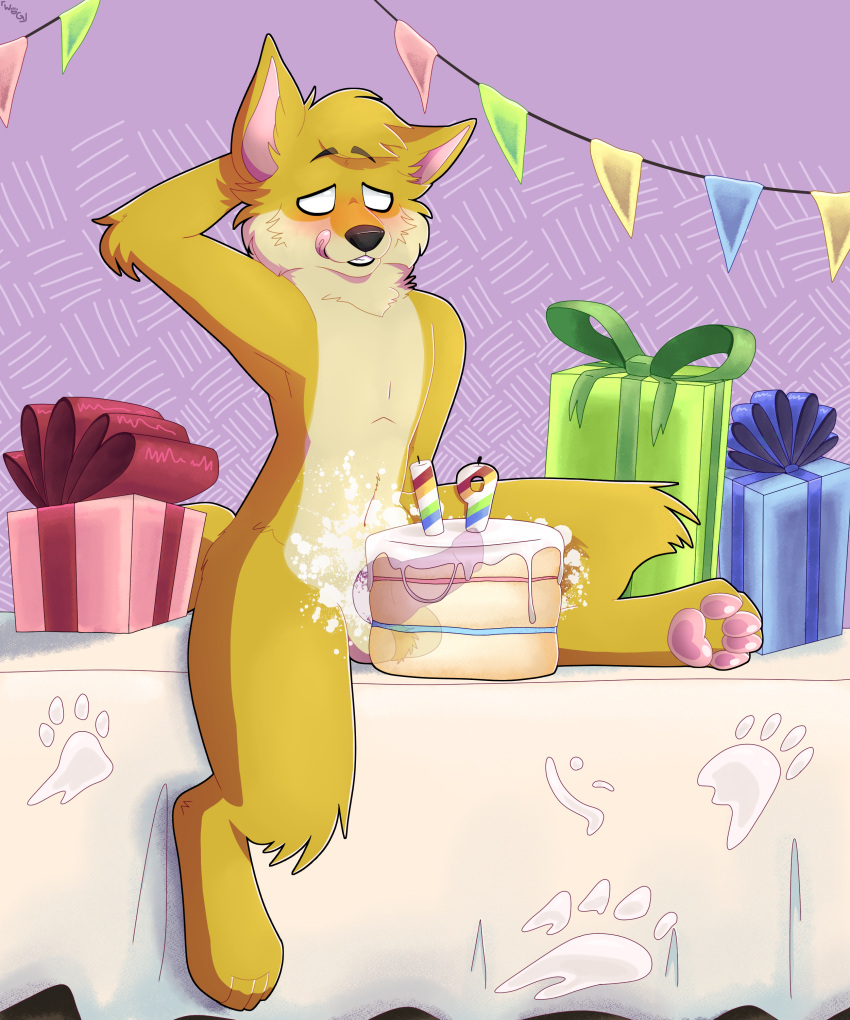 absurd_res anthro ball_tuft balls_deep bent_legs black_nose blush blush_lines cake canid canine dessert feet fehn_fennec fennec food food_fetish food_play foot_focus footprint fox frosting frosting_everywhere fur furniture gift happy_birthday hi_res licking licking_lips male mammal no_pupils number party pawpads pawprint penetration pink_pawpads solo table tablecloth tongue tongue_out translucent tuft wag wink_emoticon yellow_body yellow_fur