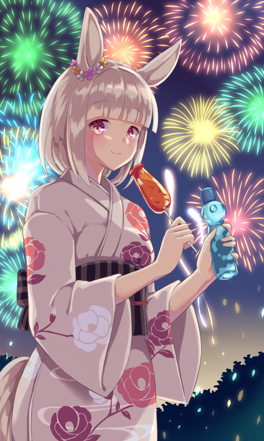 1girl absurdres aerial_fireworks animal_ears bottle commentary_request cowboy_shot ear_ornament fireworks floral_print food food_request grey_hair happy_meek_(umamusume) highres holding holding_bottle holding_food horse_ears horse_girl horse_tail japanese_clothes kimono looking_at_viewer medium_hair night night_sky obi outdoors pink_kimono purple_eyes ramune sash sawara_noa sky smile solo summer_festival tail umamusume