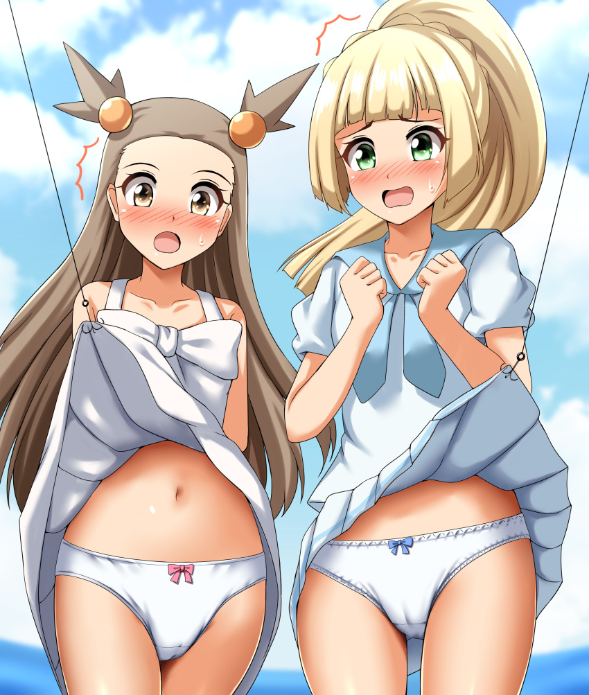 2girls absurdres arms_behind_back blonde_hair blue_ribbon blue_sailor_collar blue_sky blurry blurry_background blush bow bow_panties brown_eyes brown_hair clenched_hands clothes_lift cloud cloudy_sky commentary_request crotch_seam day dress fishing_hook fishing_line frown green_eyes hair_ornament highres horizon jasmine_(pokemon) lifted_by_another lillie_(pokemon) long_hair looking_at_viewer miniskirt multiple_girls navel neck_ribbon open_mouth outdoors panties pantyshot pleated_skirt pokemon pokemon_(game) pokemon_hgss pokemon_sm ponytail ribbon sailor_collar shirt short_dress skirt skirt_lift sky sleeveless sleeveless_dress standing sundress sweatdrop trembling two_side_up underwear white_dress white_panties white_shirt white_skirt zanntetu