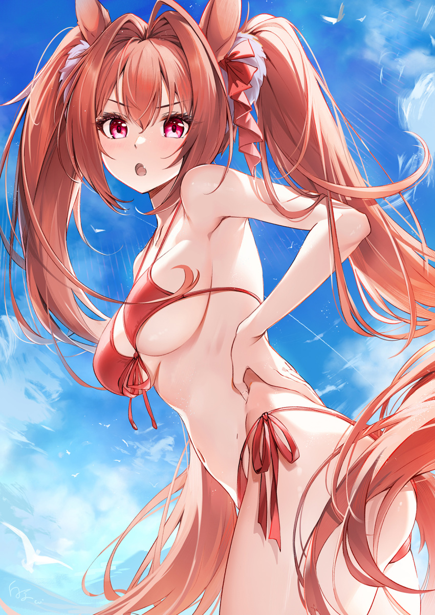 1girl animal_ears ass baisi_shaonian bare_shoulders bikini blush breasts brown_hair cleavage daiwa_scarlet_(trifle_vacation)_(umamusume) daiwa_scarlet_(umamusume) fang from_below front-tie_bikini_top front-tie_top hair_intakes hand_on_own_hip highres horse_ears horse_girl horse_tail long_hair looking_at_viewer navel official_alternate_costume official_alternate_hairstyle open_mouth red_bikini red_eyes side-tie_bikini_bottom skin_fang solo swimsuit tail twintails umamusume very_long_hair