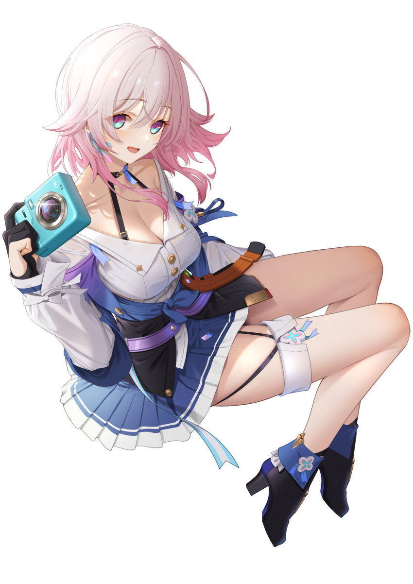 1girl ankle_boots arm_up bare_legs black_choker black_corset black_footwear black_gloves blue_eyes blue_jacket blue_skirt boots breasts buttons camera choker collarbone corset earrings from_side full_body gloves high_heel_boots high_heels highres holding holding_camera honkai:_star_rail honkai_(series) jacket jewelry legs long_sleeves looking_at_viewer march_7th_(honkai:_star_rail) meda medium_breasts medium_hair miniskirt partially_fingerless_gloves pink_eyes pink_hair pleated_skirt shirt simple_background single_earring sitting skindentation skirt solo thigh_strap thighs two-tone_eyes white_background white_shirt