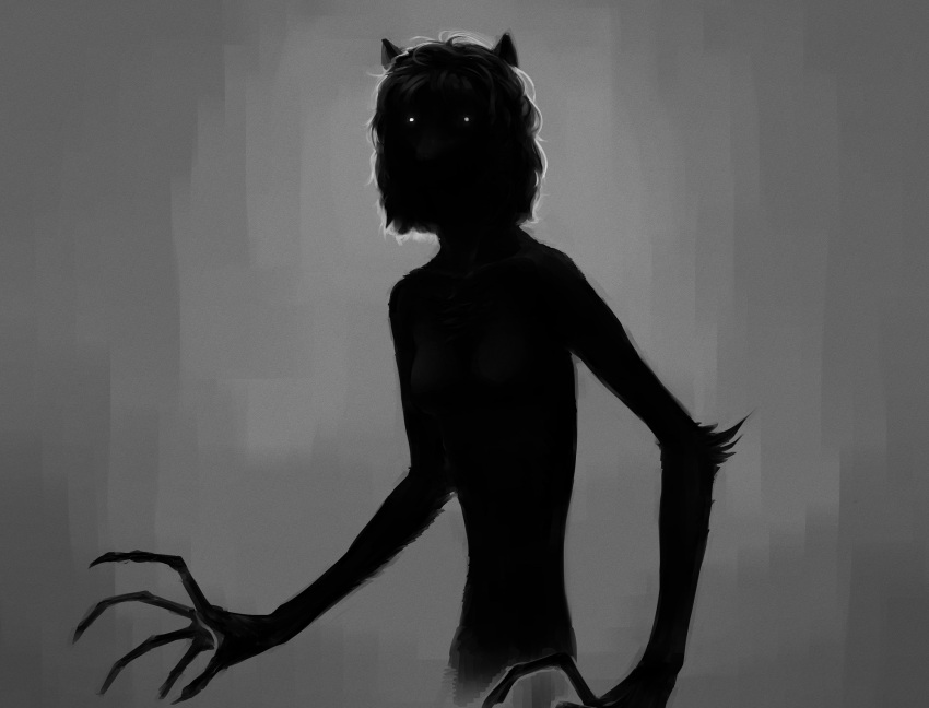 anthro black_body black_hair claws ears_up elbow_fur eldritch_abomination female fingernails glowing glowing_eyes grey_background hair hi_res long_fingernails long_fingers mammal missy_(napalm_express) monochrome monster nails napalm_express simple_background sinister sketch solo