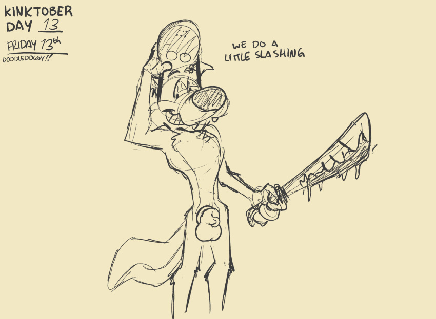 canid canine canis doodledoggy grin hi_res hockey_mask kinktober machete mammal mask melee_weapon mischievous_smile nsfw nude pumpkin_pulp smile solo sports_mask sportswear toony weapon wolf