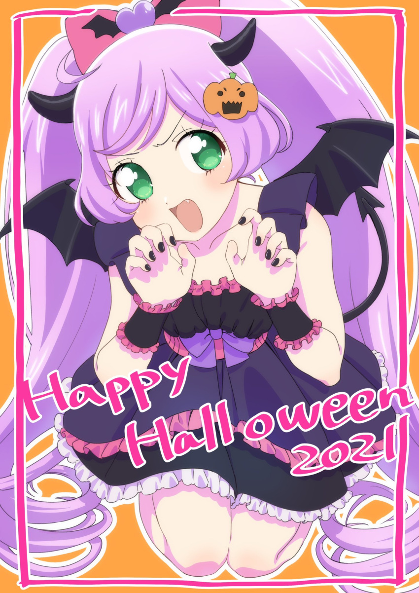 1girl :d bare_shoulders black_dress black_horns black_wings blush bow claw_pose commentary_request demon_horns demon_tail demon_wings dress fake_horns fang food-themed_hair_ornament frilled_dress frills full_body green_eyes hair_bow hair_ornament halloween_costume hands_up happy_halloween highres hokahoka_yudoufu horns long_hair looking_at_viewer manaka_laala nail_polish open_mouth orange_background outline pink_bow pretty_series pripara pumpkin_hair_ornament purple_hair seiza sitting smile solo strapless strapless_dress tail twintails very_long_hair white_outline wings wrist_cuffs