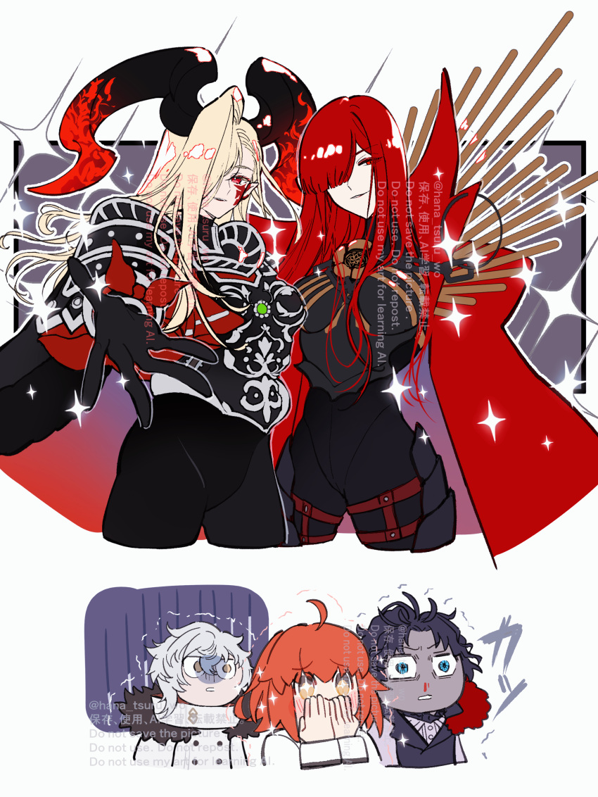 2boys 3girls absurdres armor bartholomew_roberts_(fate) black_armor black_bodysuit black_hair black_horns blonde_hair blood blue_eyes bodysuit cape chaldea_logo chaldea_uniform coat cowboy_shot dragon_horns facial_mark family_crest fate/grand_order fate_(series) fujimaru_ritsuka_(female) fur-trimmed_coat fur_trim gloves hair_over_one_eye highres horns kadoc_zemlupus long_hair long_horns looking_at_viewer multiple_boys multiple_girls nero_claudius_(fate) nosebleed oda_nobunaga_(fate) oda_nobunaga_(maou_avenger)_(fate) oda_uri orange_hair pointy_ears queen_draco_(fate) queen_draco_(third_ascension)_(fate) red_cape red_eyes red_hair shoulder_plates smile sugomori_tsuru_(artist) upper_body very_long_hair wavy_hair white_hair yellow_eyes