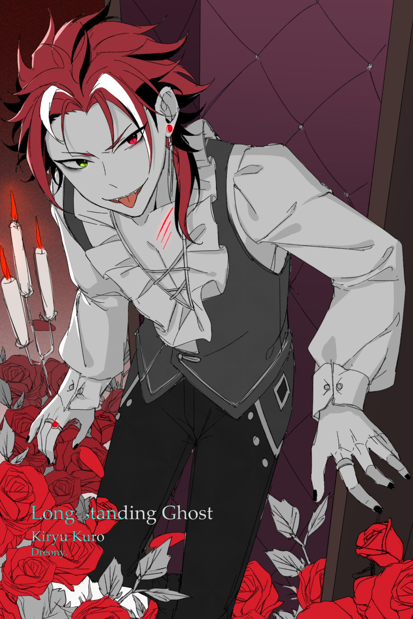 1boy absurdres artist_name black_nails candle candlestand character_name dreonya ensemble_stars! fingernails flower frills green_eyes hair_over_shoulder heterochromia highres jewelry kiryu_kuro leaf long_hair long_sleeves looking_at_viewer male_focus multicolored_hair open_mouth red_eyes red_flower red_hair red_rose ring rose scarlet_halloween_(ensemble_stars!) scratches sharp_teeth solo streaked_hair teeth tongue tongue_out upper_teeth_only vest white_hair