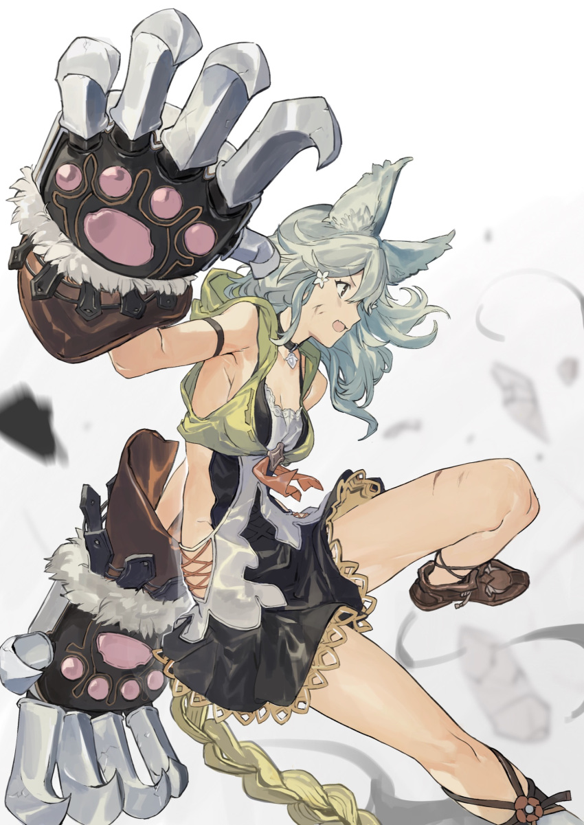 1girl animal_ear_fluff animal_ears armband backless_outfit bare_shoulders boots breasts brown_footwear brown_gloves cat_ears claw_(weapon) cleavage collar cropped_jacket debris dress flower gloves granblue_fantasy grey_hair groin hair_flower hair_ornament hashibiro_kou_(garapiko_p) highres hood hood_down hooded_jacket jacket long_hair open_mouth sen_(granblue_fantasy) sleeveless sleeveless_dress sleeveless_jacket small_breasts solo weapon