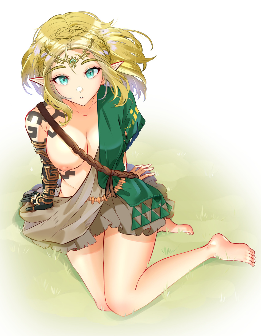 1girl absurdres archaic_set_(zelda) arm_support bare_legs barefoot blonde_hair body_markings braid breasts circlet collarbone cosplay crown_braid english_commentary grass green_eyes green_tunic highres large_breasts link link_(cosplay) looking_at_viewer meisaki nipples on_ground one_breast_out parted_bangs parted_lips pointy_ears princess_zelda short_hair sitting solo the_legend_of_zelda the_legend_of_zelda:_tears_of_the_kingdom toes triforce_print yokozuwari